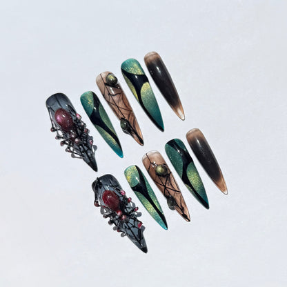Gothic 3D Spider And Black Web Design Stiletto Press On Nails| Green Ombre Halloween Nail Art Set