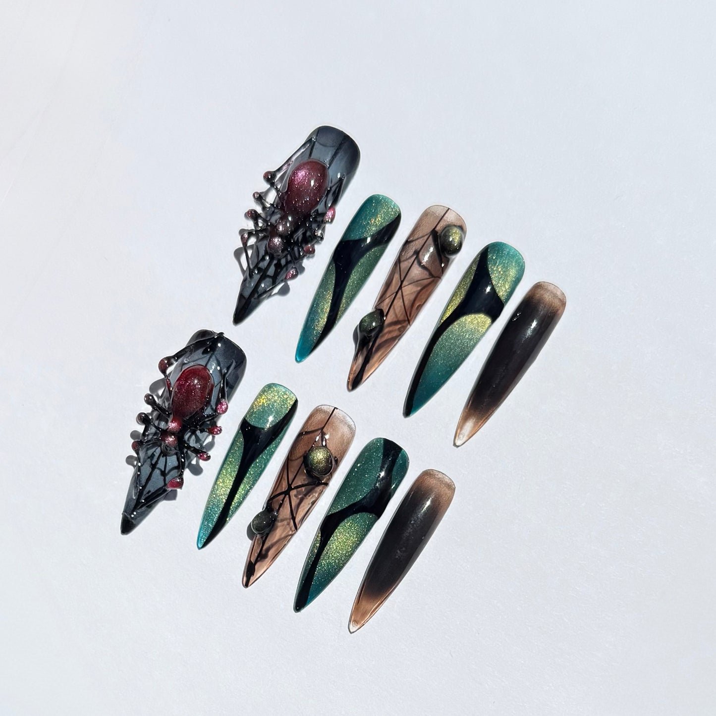 Gothic 3D Spider And Black Web Design Stiletto Press On Nails| Green Ombre Halloween Nail Art Set