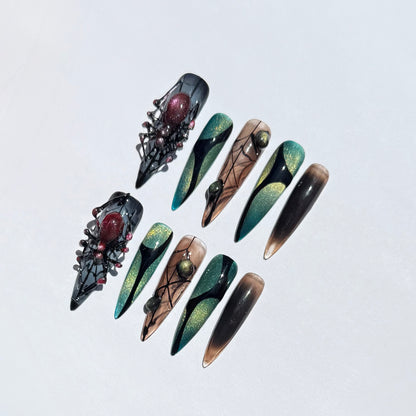 Gothic 3D Spider And Black Web Design Stiletto Press On Nails| Green Ombre Halloween Nail Art Set