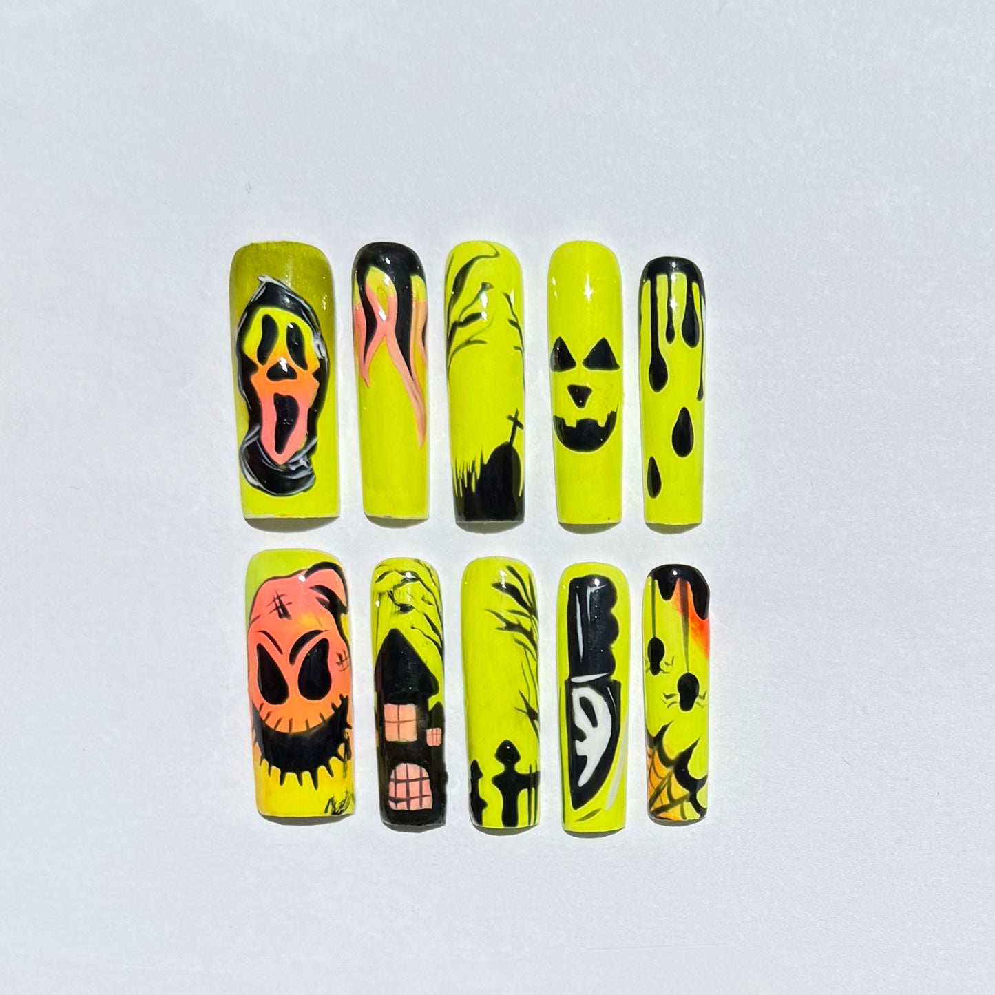 Neon Horror Halloween Press On Nails |Yellow Scary Face And Ghost Design |Spooky Graveyard & Drip,Pumpkin Nail Art
