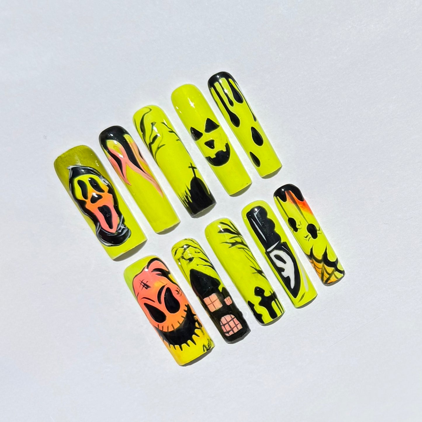 Neon Horror Halloween Press On Nails |Yellow Scary Face And Ghost Design |Spooky Graveyard & Drip,Pumpkin Nail Art