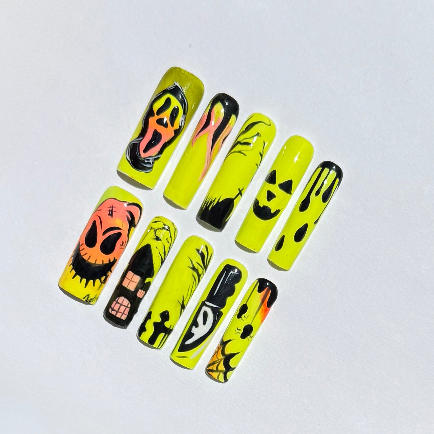 Neon Horror Halloween Press On Nails |Yellow Scary Face And Ghost Design |Spooky Graveyard & Drip,Pumpkin Nail Art