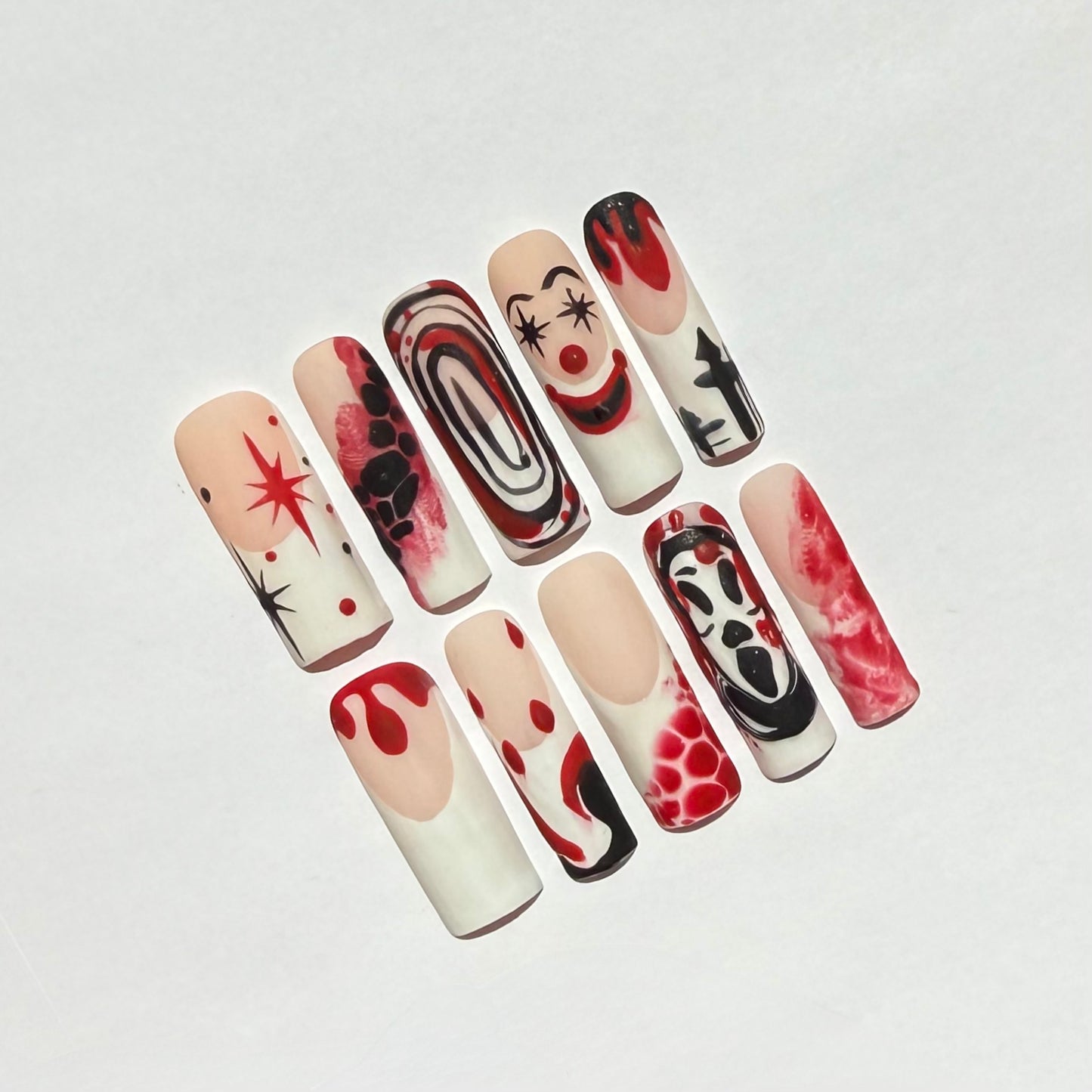 Halloween Bloody Horror Clown Press On Nails | Red & Black Smears & Scary Face Nail Art | Blood Drip Nails