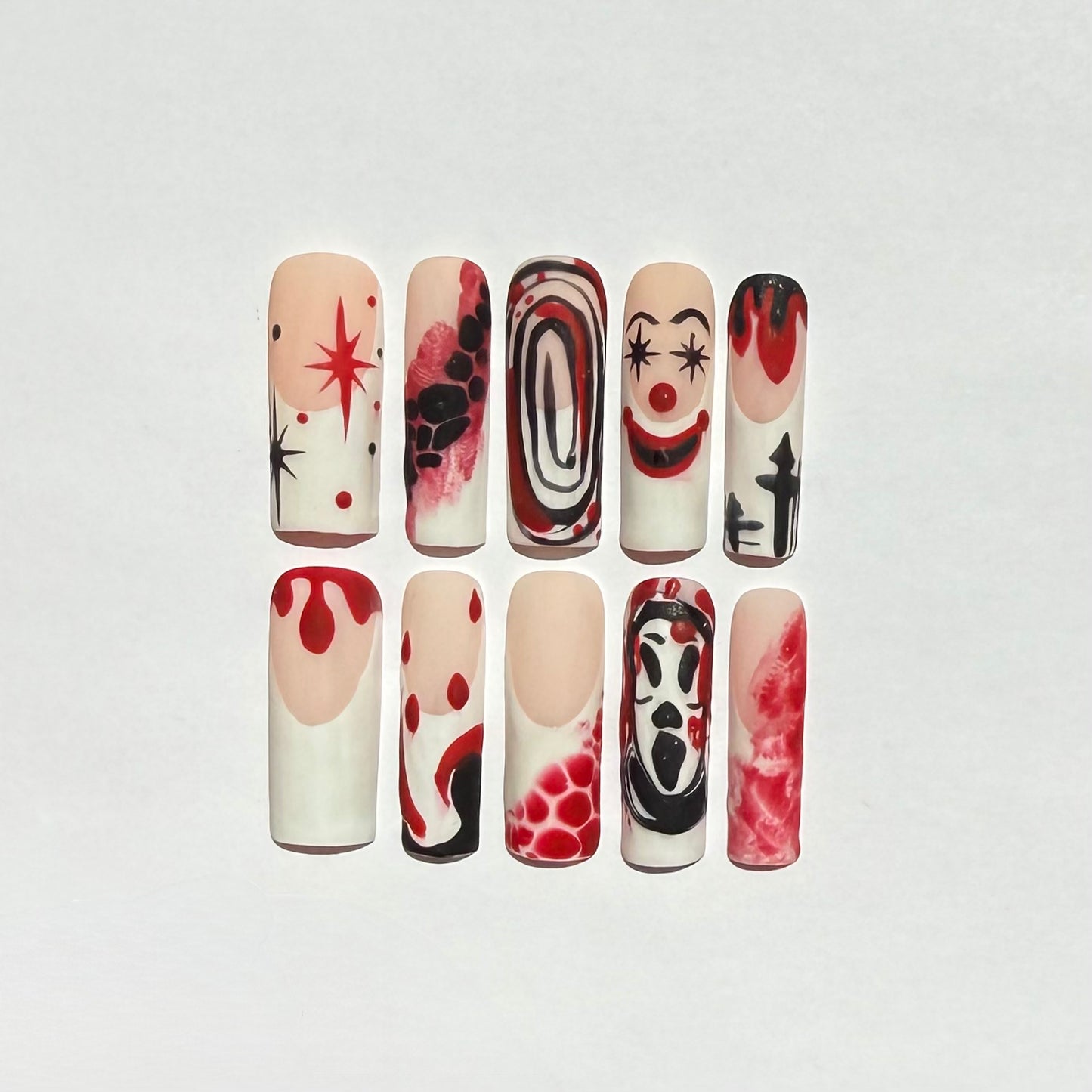 Halloween Bloody Horror Clown Press On Nails | Red & Black Smears & Scary Face Nail Art | Blood Drip Nails