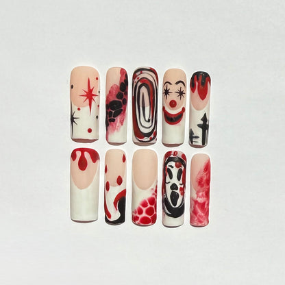 Halloween Bloody Horror Clown Press On Nails | Red & Black Smears & Scary Face Nail Art | Blood Drip Nails