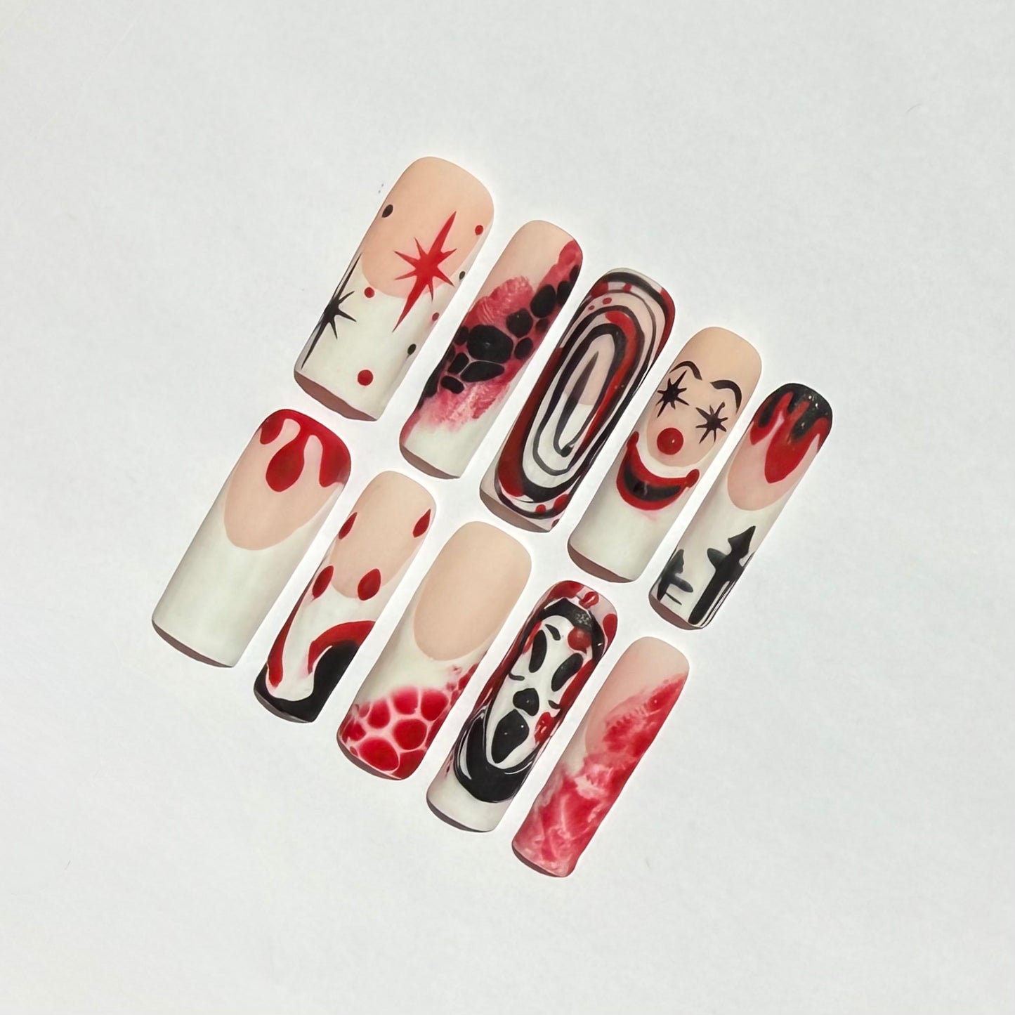Halloween Bloody Horror Clown Press On Nails | Red & Black Smears & Scary Face Nail Art | Blood Drip Nails