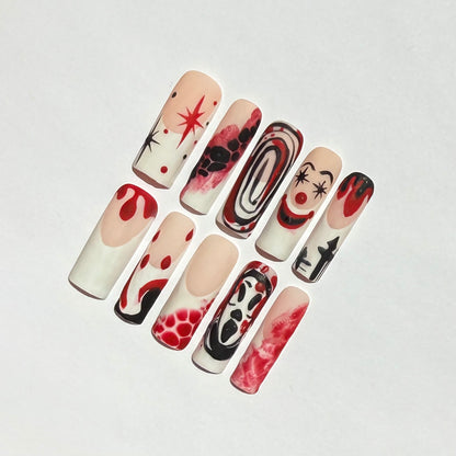 Halloween Bloody Horror Clown Press On Nails | Red & Black Smears & Scary Face Nail Art | Blood Drip Nails