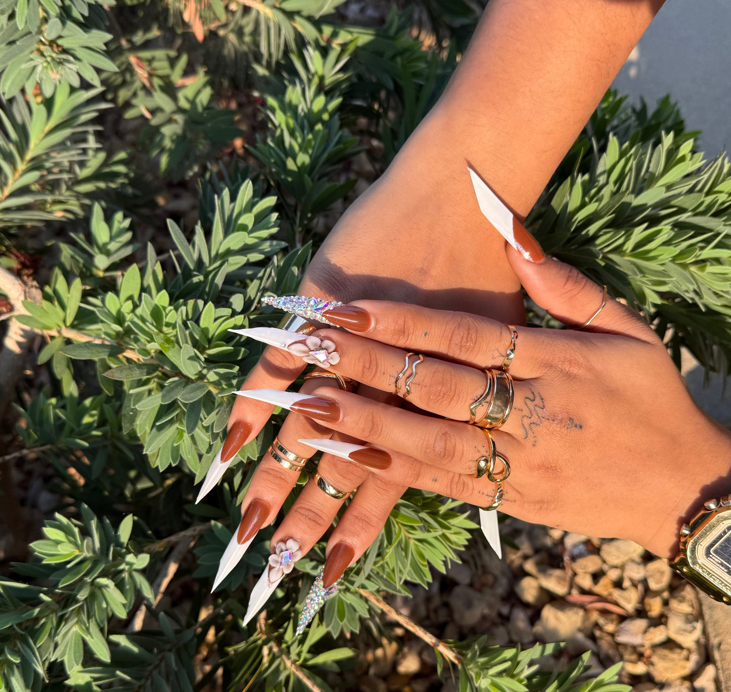 Brown Stiletto Press On Nails | French Tip Nails with 3D Flower & Rhinestones