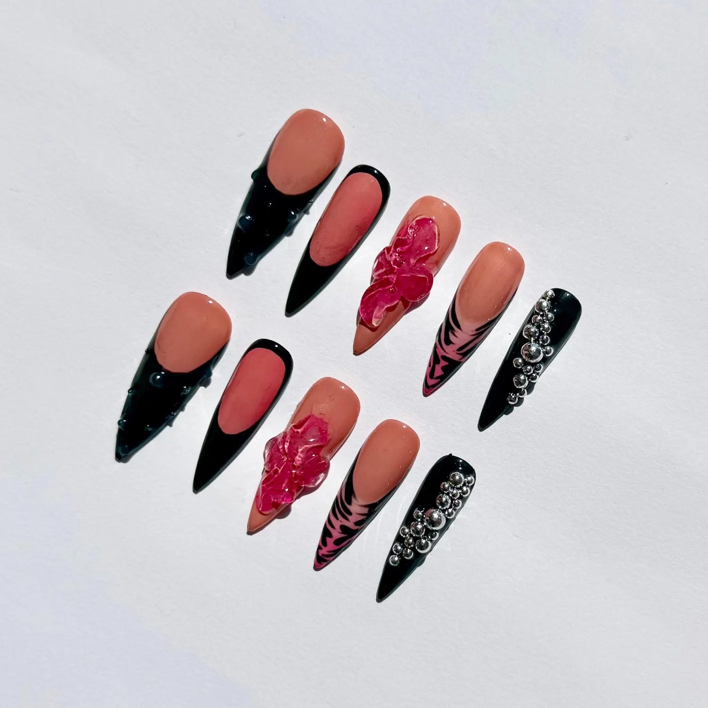 Black & Nude 3D Floral Stiletto Press-On Nails – Rhinestone Glam