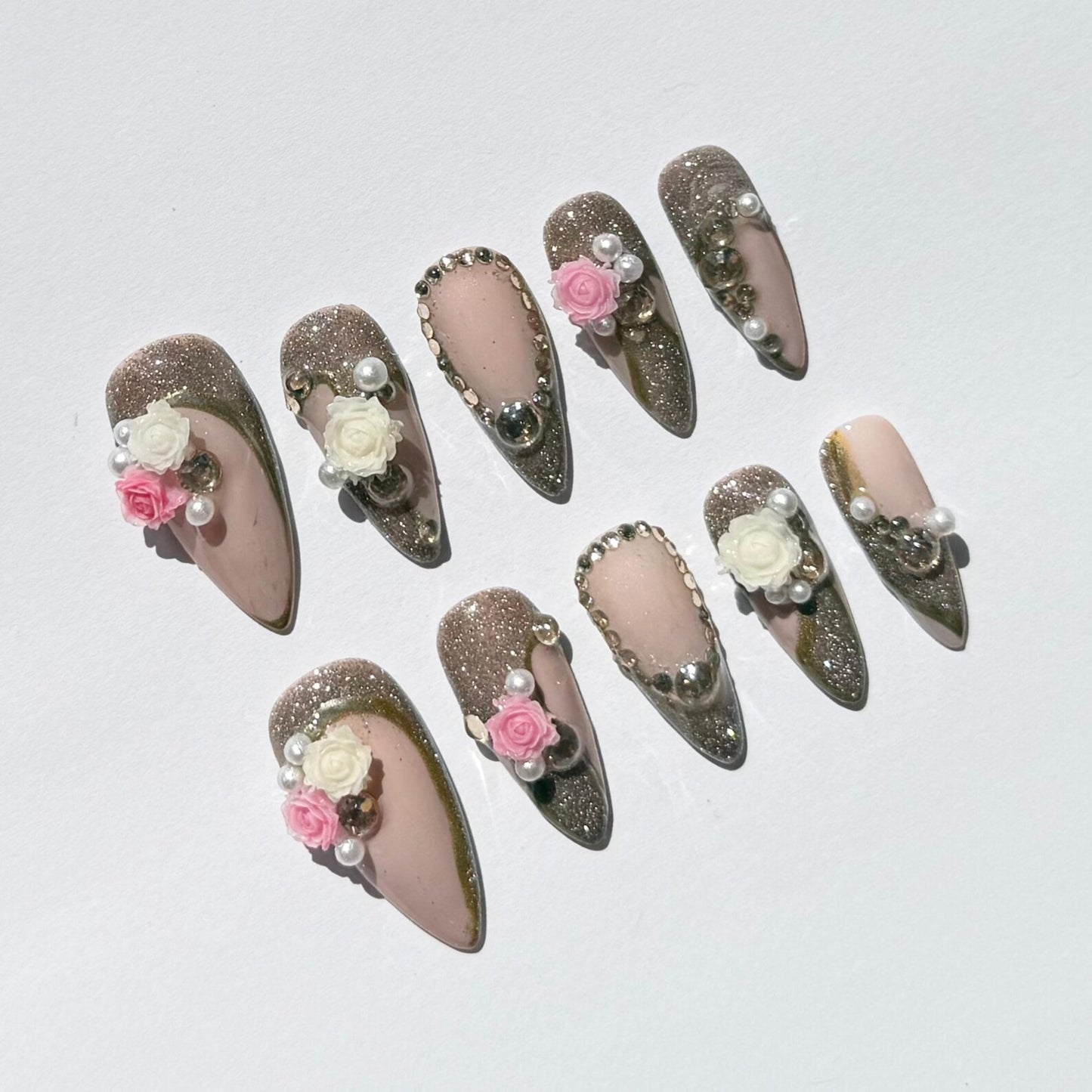 Nude Pink & Gold Glitter Press-On Nails – 3D Rose & Pearls