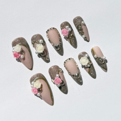Nude Pink & Gold Glitter Press-On Nails – 3D Rose & Pearls