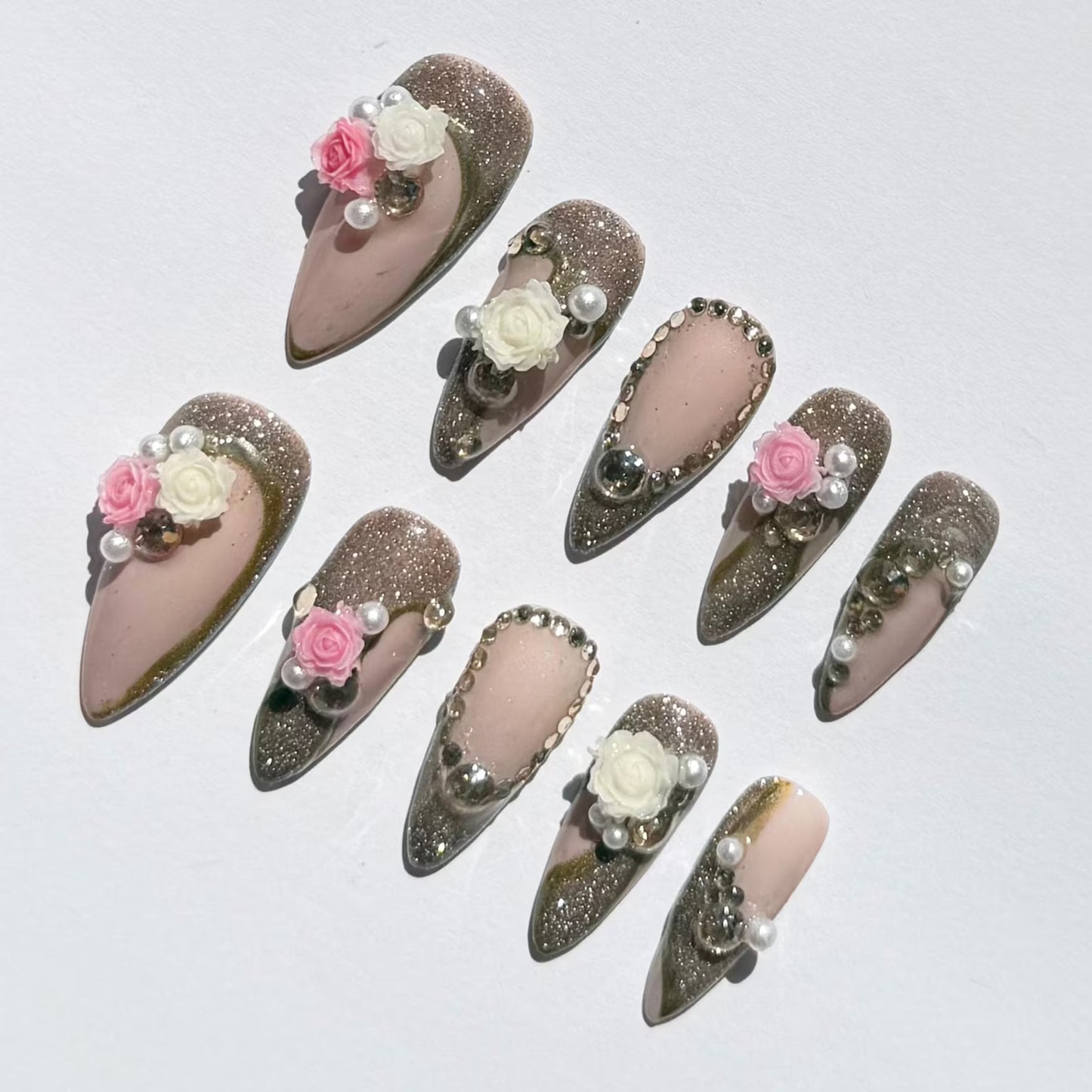 Nude Pink & Gold Glitter Press-On Nails – 3D Rose & Pearls