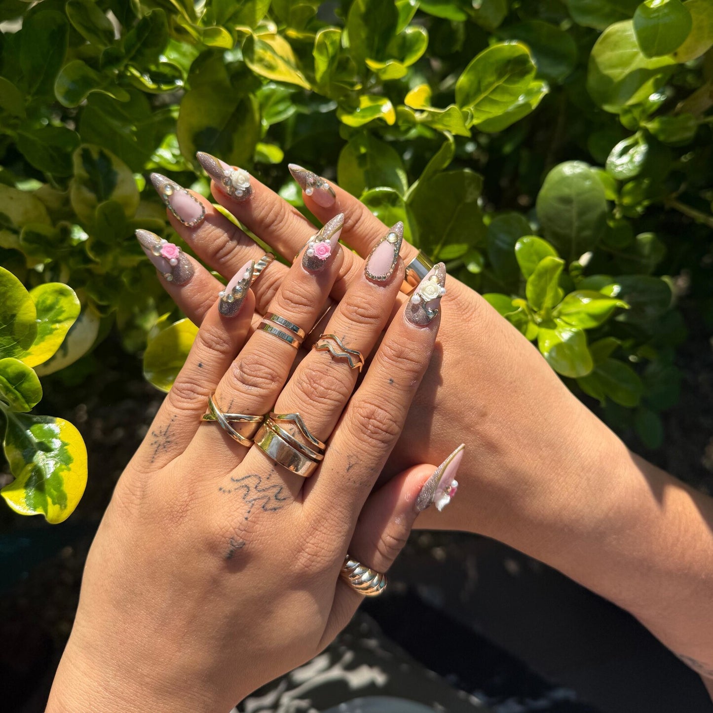 Nude Pink & Gold Glitter Press-On Nails – 3D Rose & Pearls