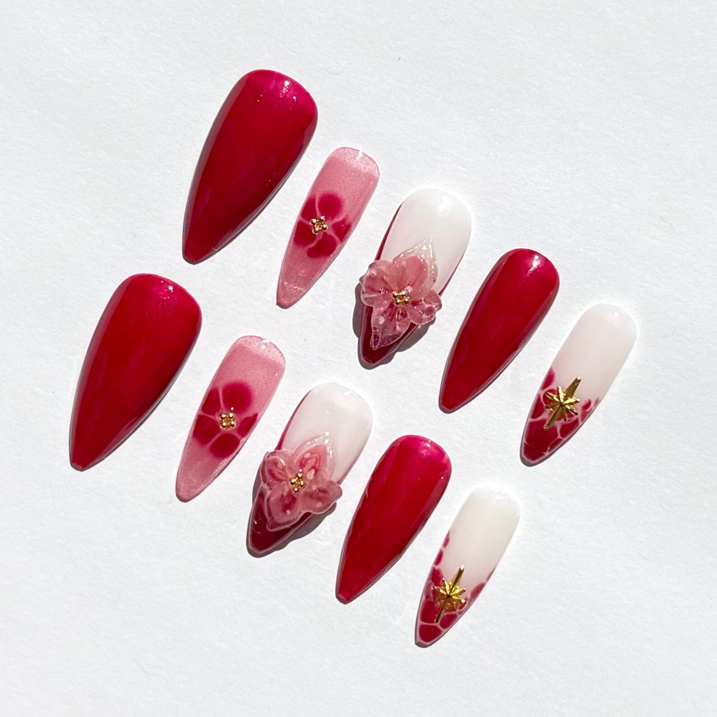Sakura Red & Pink 3D Floral Coffin Press-On Nails – Mini Star