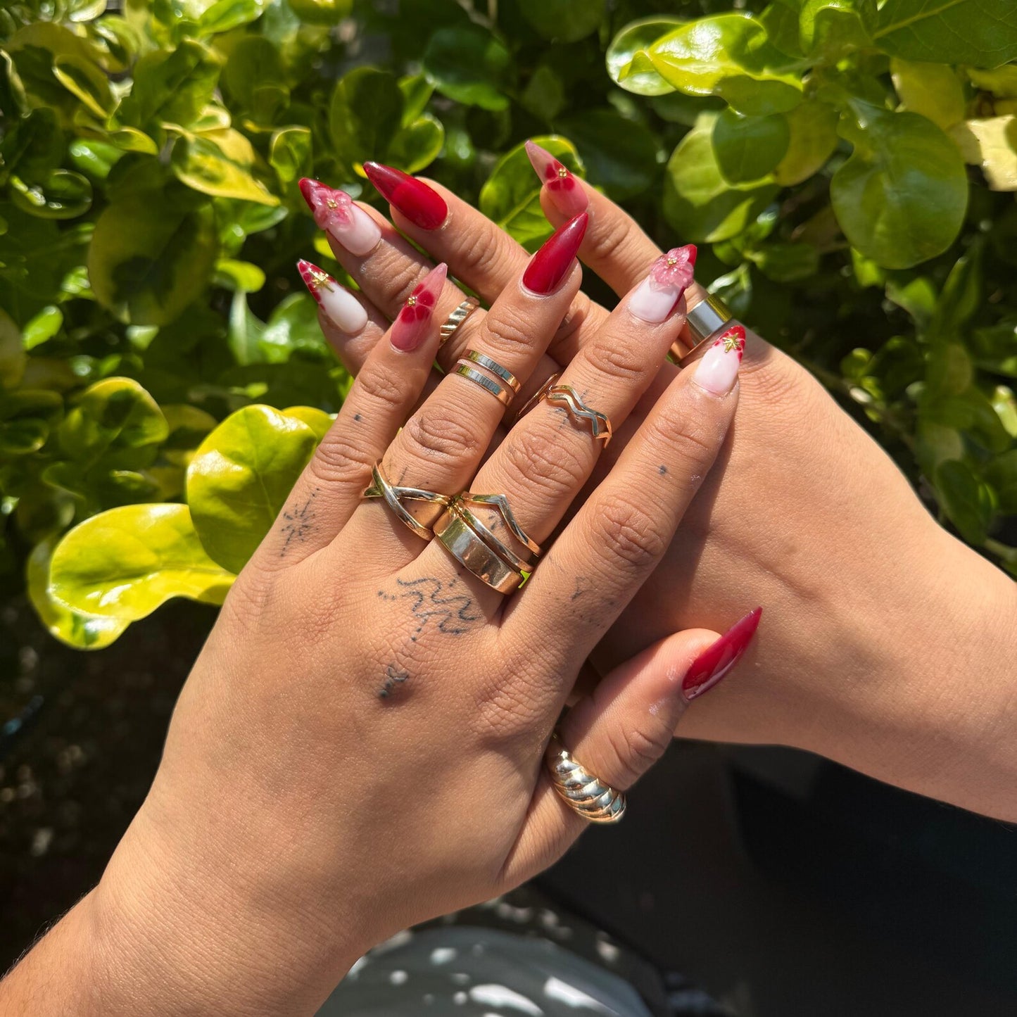 Sakura Red & Pink 3D Floral Coffin Press-On Nails – Mini Star