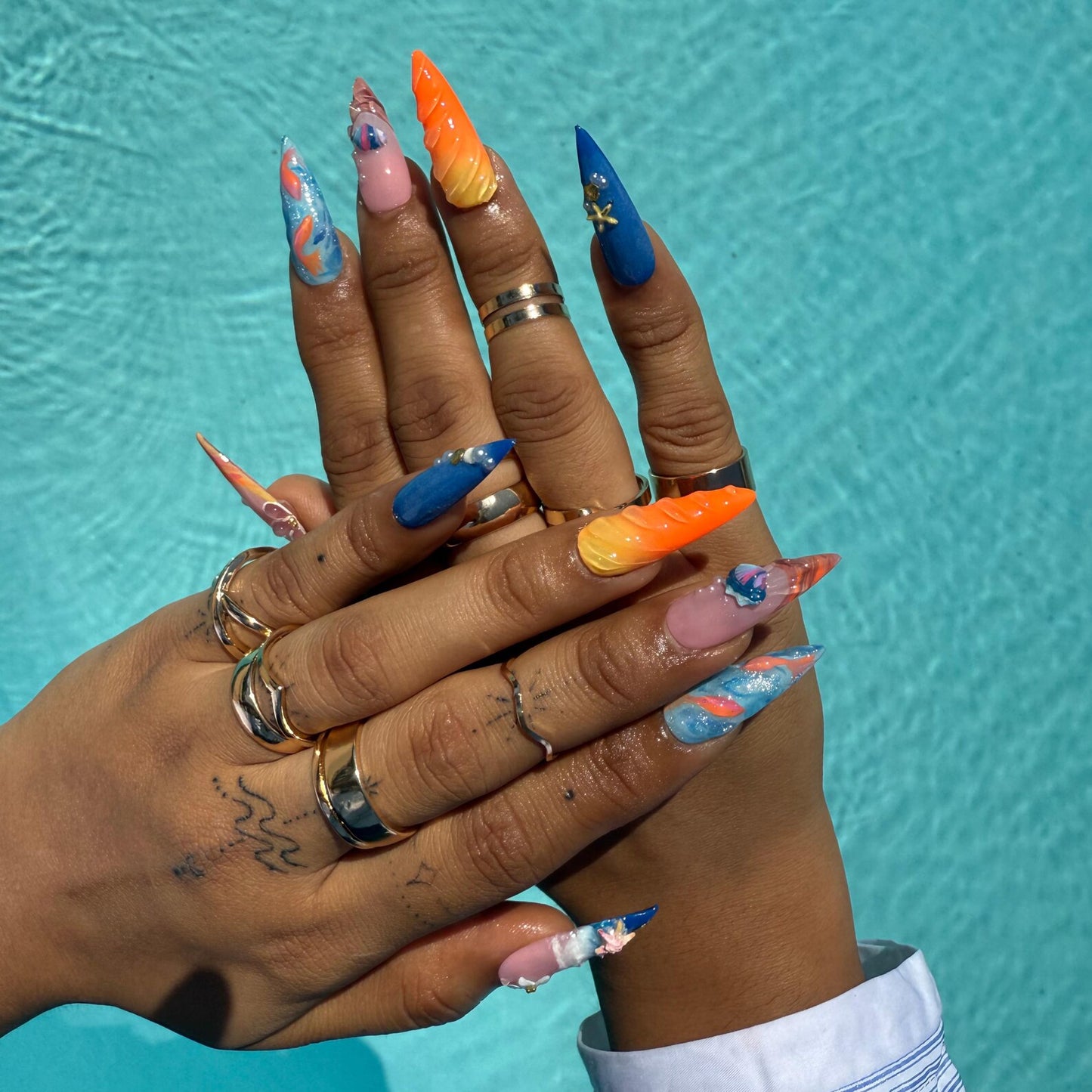 Mermaid Ocean Press On Nails – Beach-Inspired Stiletto Nail Art with Seashells, Starfish, 3D Flowers & Sunset Waves