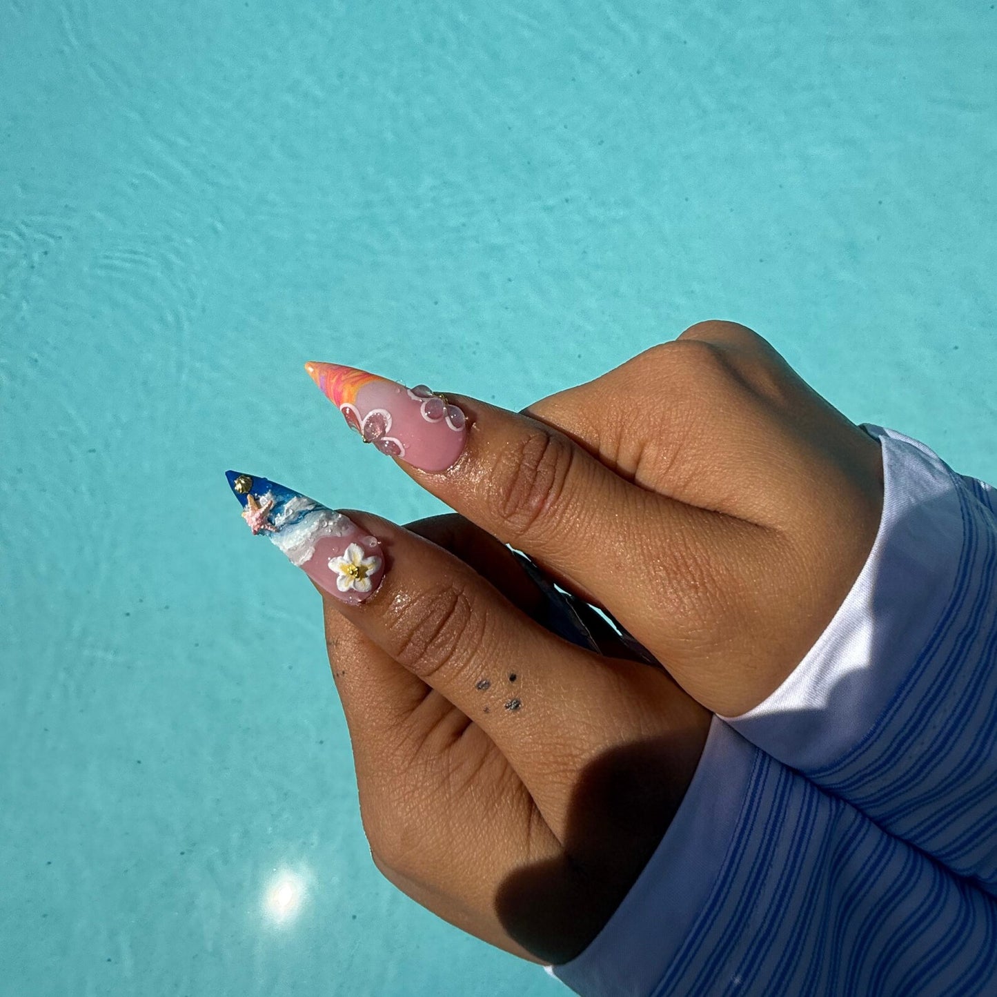 Mermaid Ocean Press On Nails – Beach-Inspired Stiletto Nail Art with Seashells, Starfish, 3D Flowers & Sunset Waves