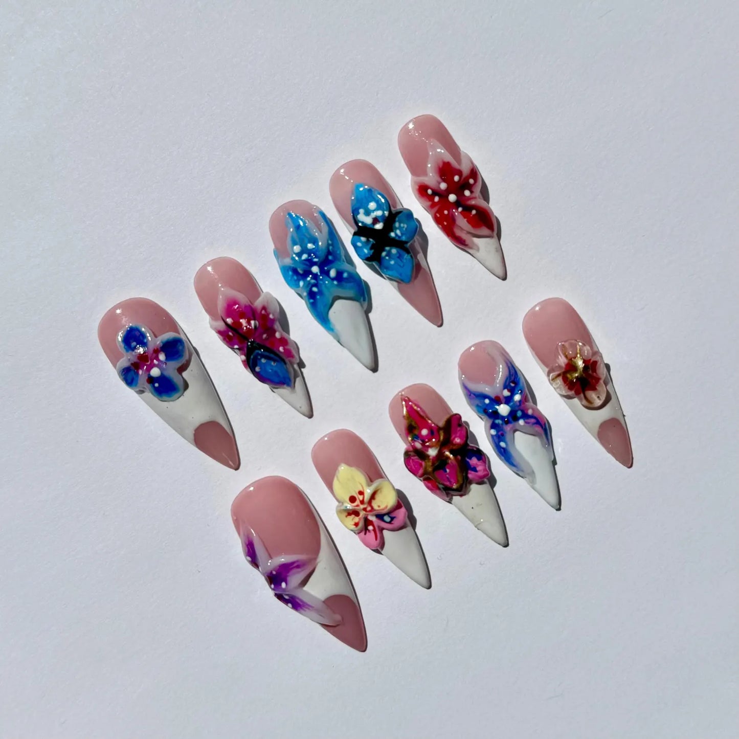 3D Floral Acrylic Press On Nails |Handcrafted Flower Nail Art |Long Stiletto Nails |Colorful Spring Nail Design |Nature Inspired & Classy