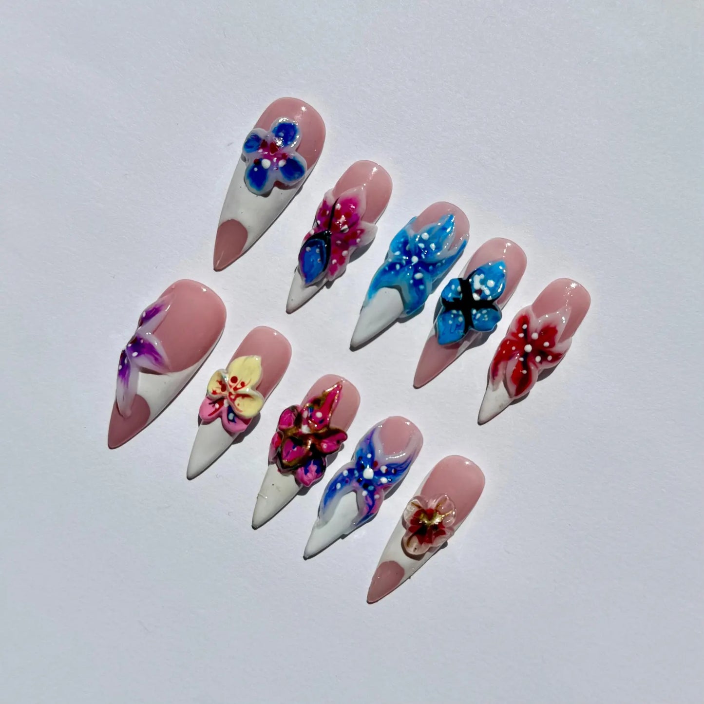 3D Floral Acrylic Press On Nails |Handcrafted Flower Nail Art |Long Stiletto Nails |Colorful Spring Nail Design |Nature Inspired & Classy