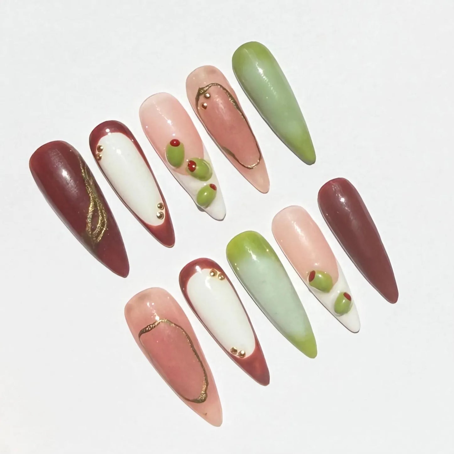 Olive Green French & Pink Ombre Almond Press-On Nails – Gold Chrome Accents