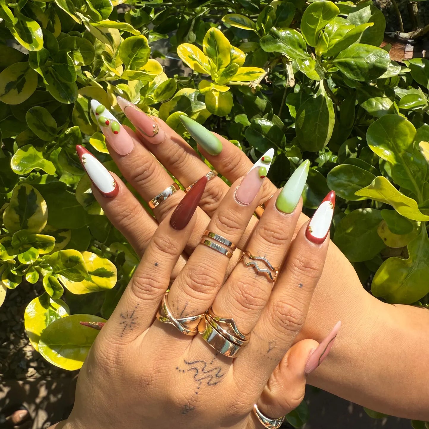 Olive Green French & Pink Ombre Almond Press-On Nails – Gold Chrome Accents