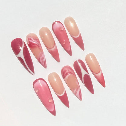 Strawberry Lemonade Swirl Press-On Nails – Pink Ombre Marble Long Stiletto