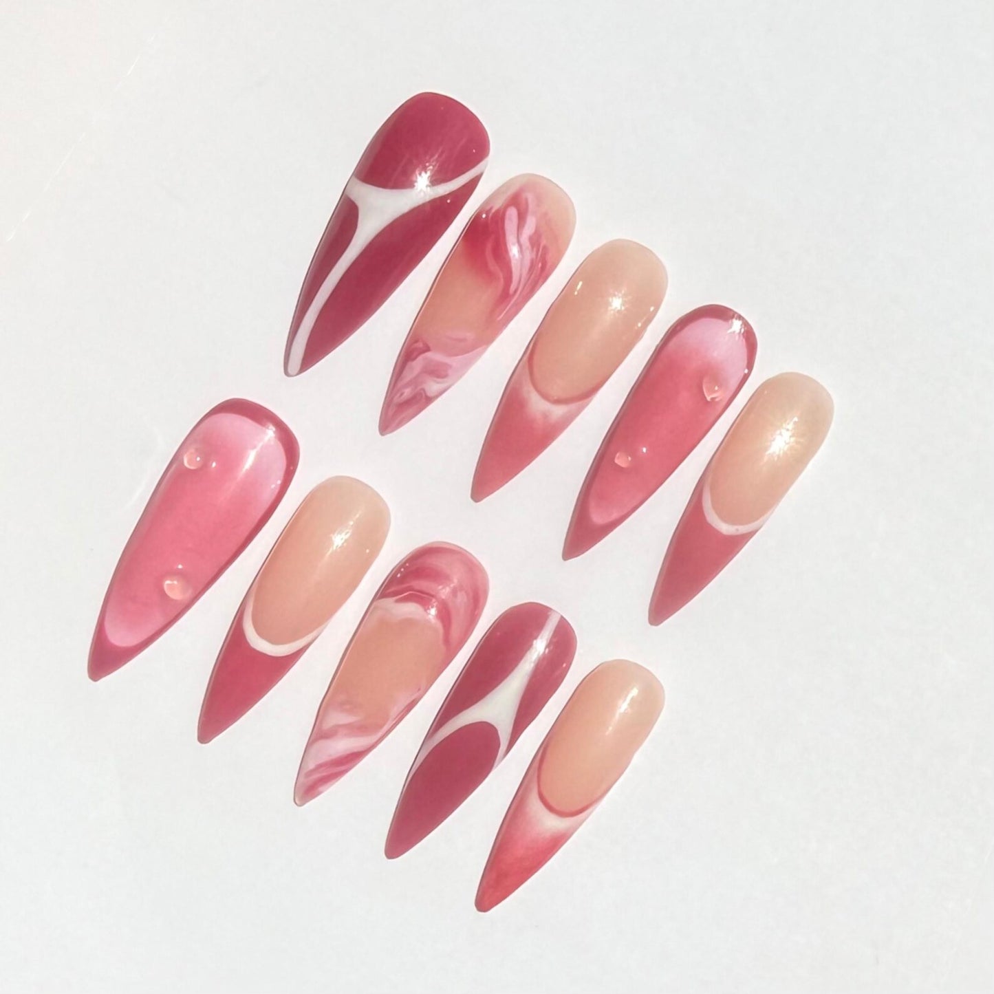 Strawberry Lemonade Swirl Press-On Nails – Pink Ombre Marble Long Stiletto