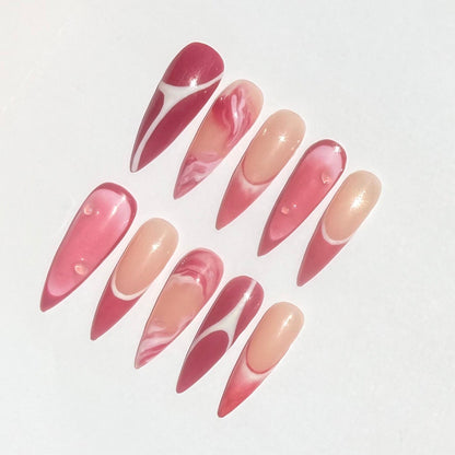 Strawberry Lemonade Swirl Press-On Nails – Pink Ombre Marble Long Stiletto