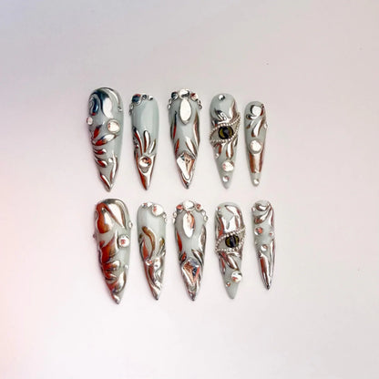 Silver Chrome Stiletto Press-On Nails – 3D Gray Snake Eye & Diamond Accents