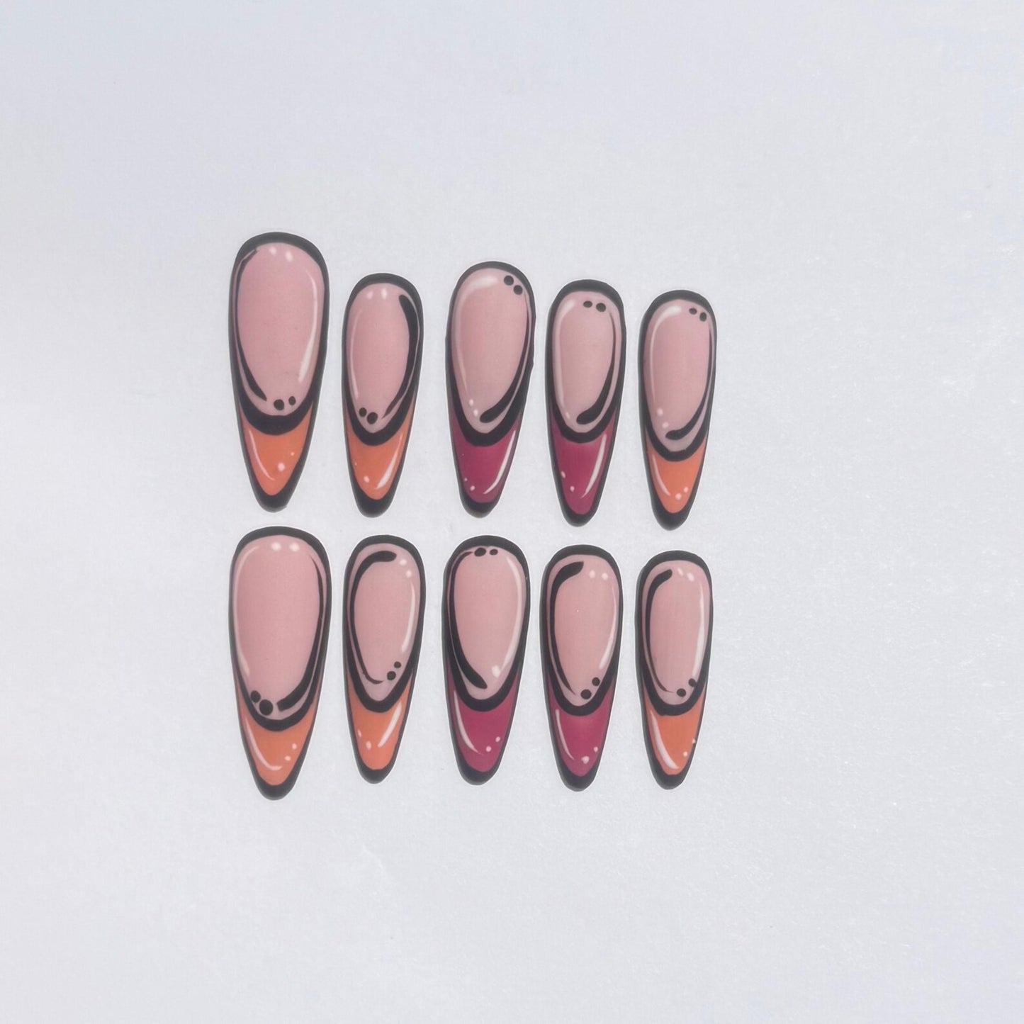 Pop Art Comic Stiletto Press-On Nails – Retro Orange Pink Black Detail Set