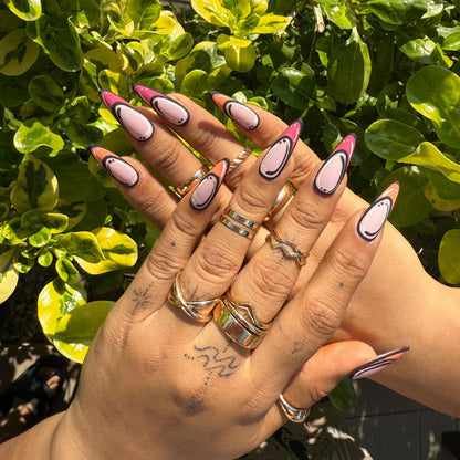 Pop Art Comic Stiletto Press-On Nails – Retro Orange Pink Black Detail Set