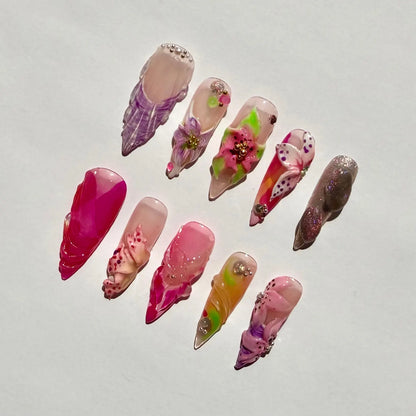 Bold Pink Purple Long Stiletto Press-On Nails