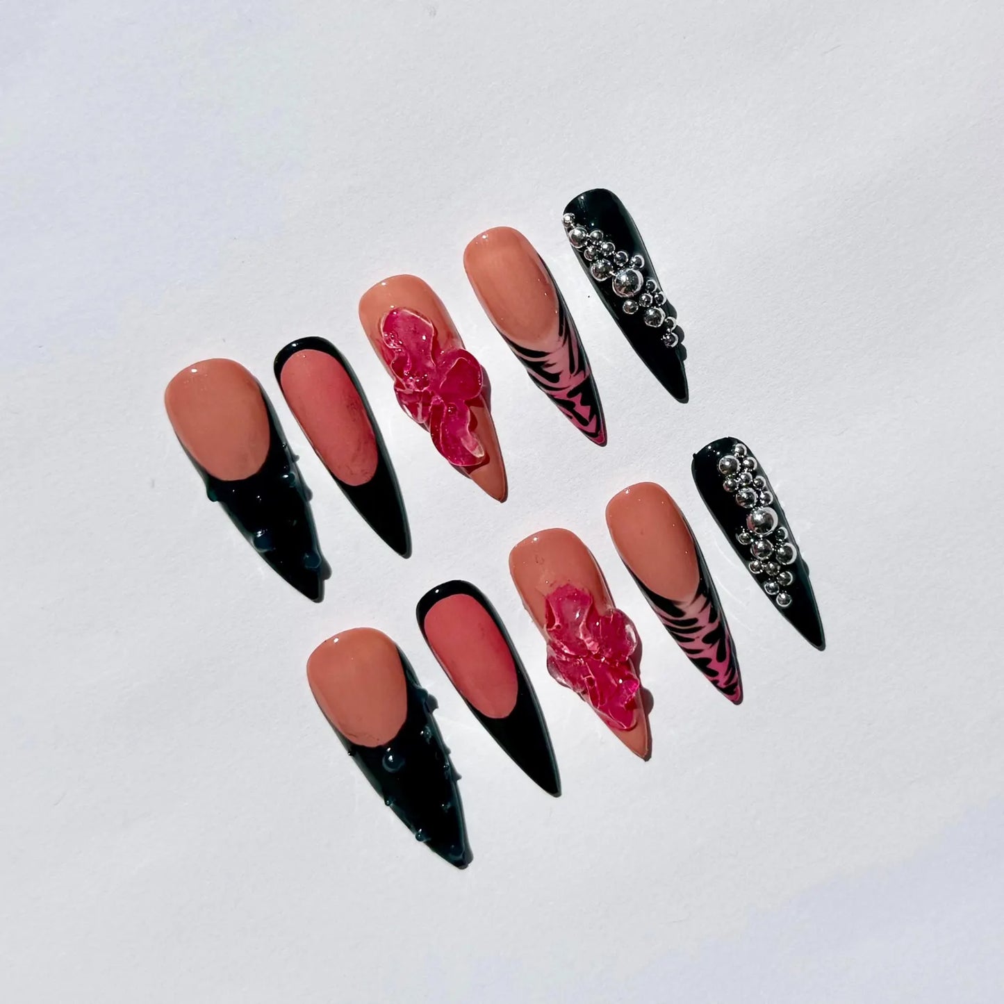 Black & Nude 3D Floral Stiletto Press-On Nails – Rhinestone Glam