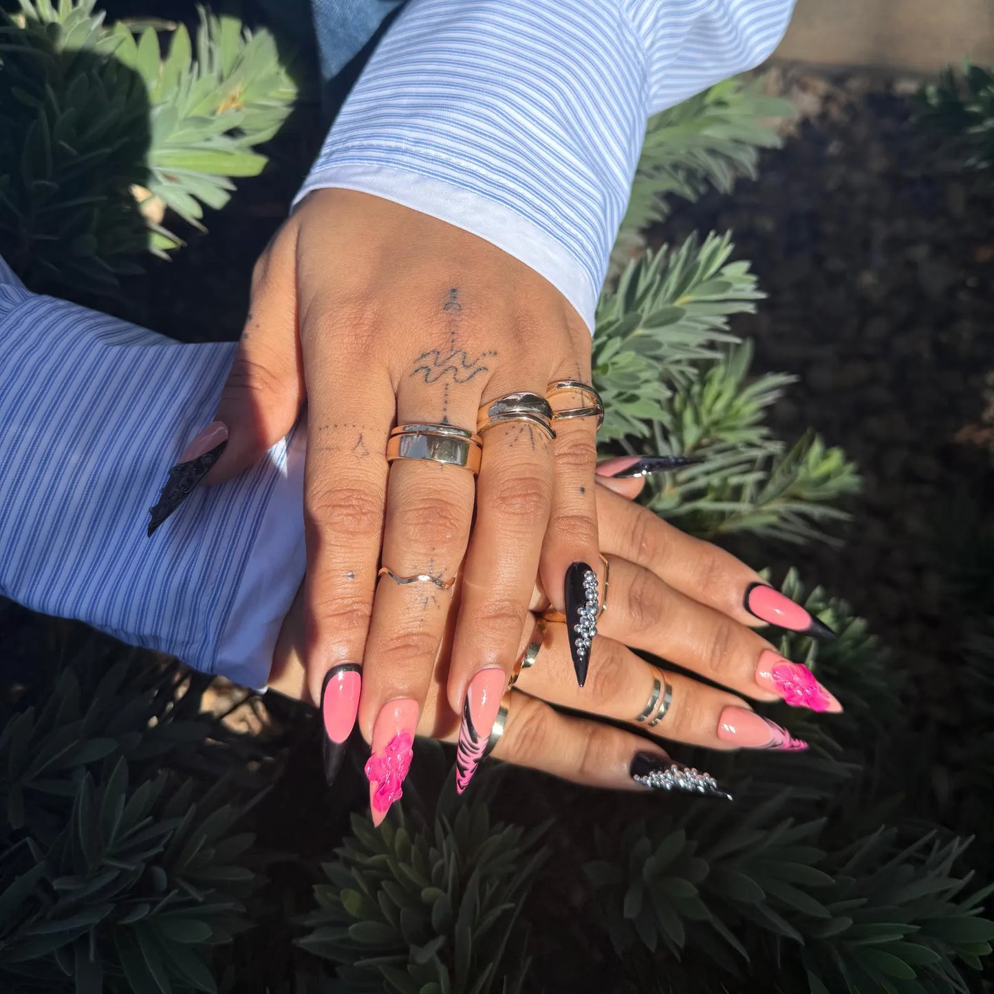 Black & Nude 3D Floral Stiletto Press-On Nails – Rhinestone Glam