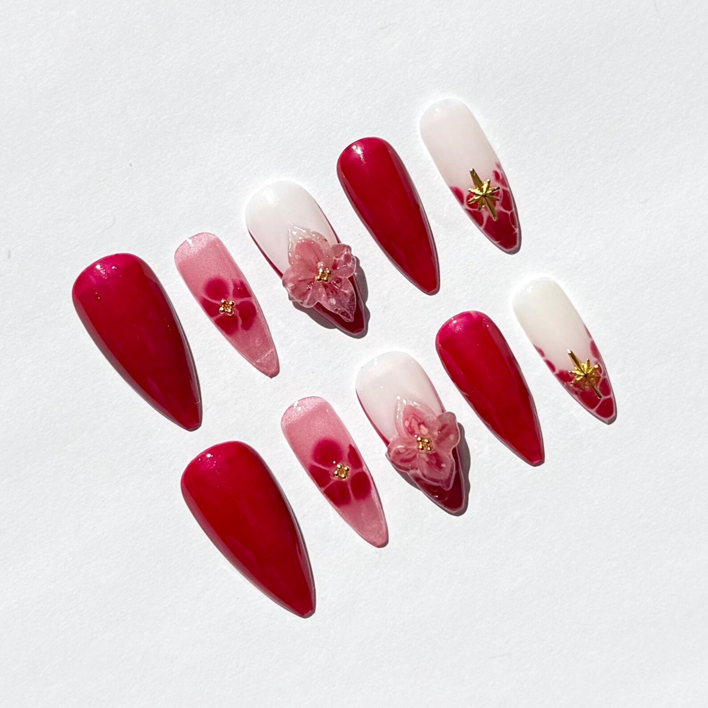 Sakura Red & Pink 3D Floral Coffin Press-On Nails – Mini Star