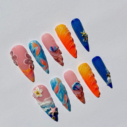 Mermaid Ocean Press On Nails – Beach-Inspired Stiletto Nail Art with Seashells, Starfish, 3D Flowers & Sunset Waves