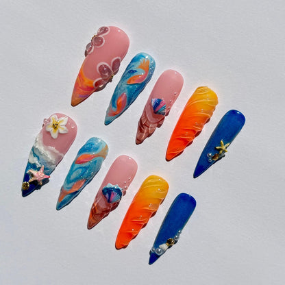 Mermaid Ocean Press On Nails – Beach-Inspired Stiletto Nail Art with Seashells, Starfish, 3D Flowers & Sunset Waves