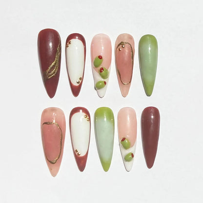 Olive Green French & Pink Ombre Almond Press-On Nails – Gold Chrome Accents
