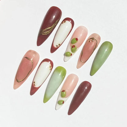 Olive Green French & Pink Ombre Almond Press-On Nails – Gold Chrome Accents
