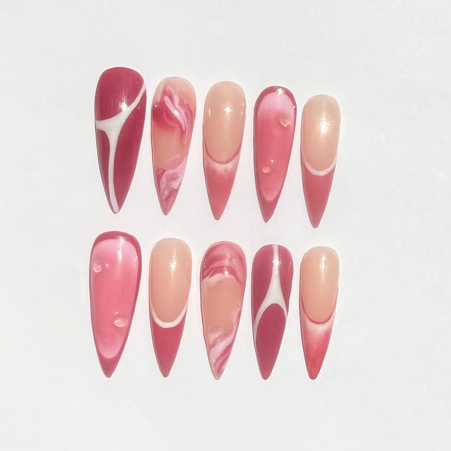 Strawberry Lemonade Swirl Press-On Nails – Pink Ombre Marble Long Stiletto