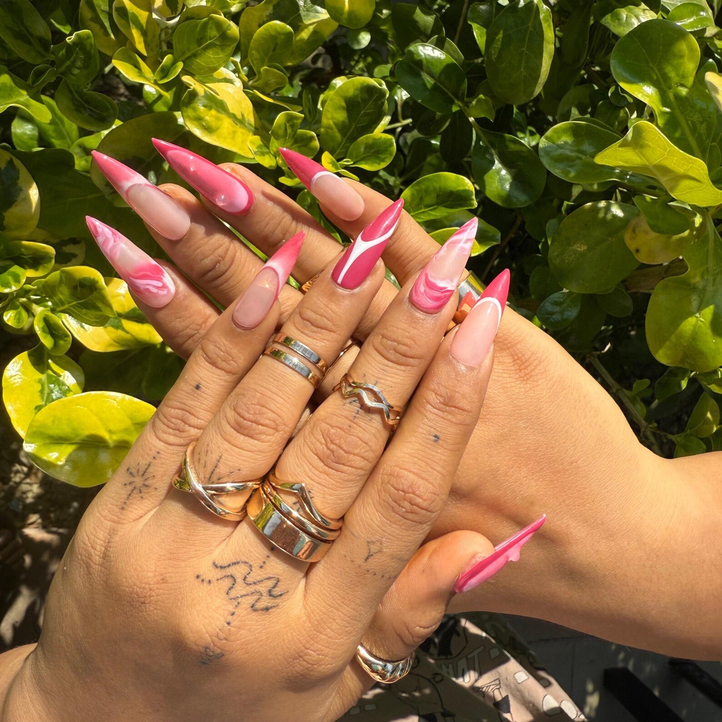 Strawberry Lemonade Swirl Press-On Nails – Pink Ombre Marble Long Stiletto