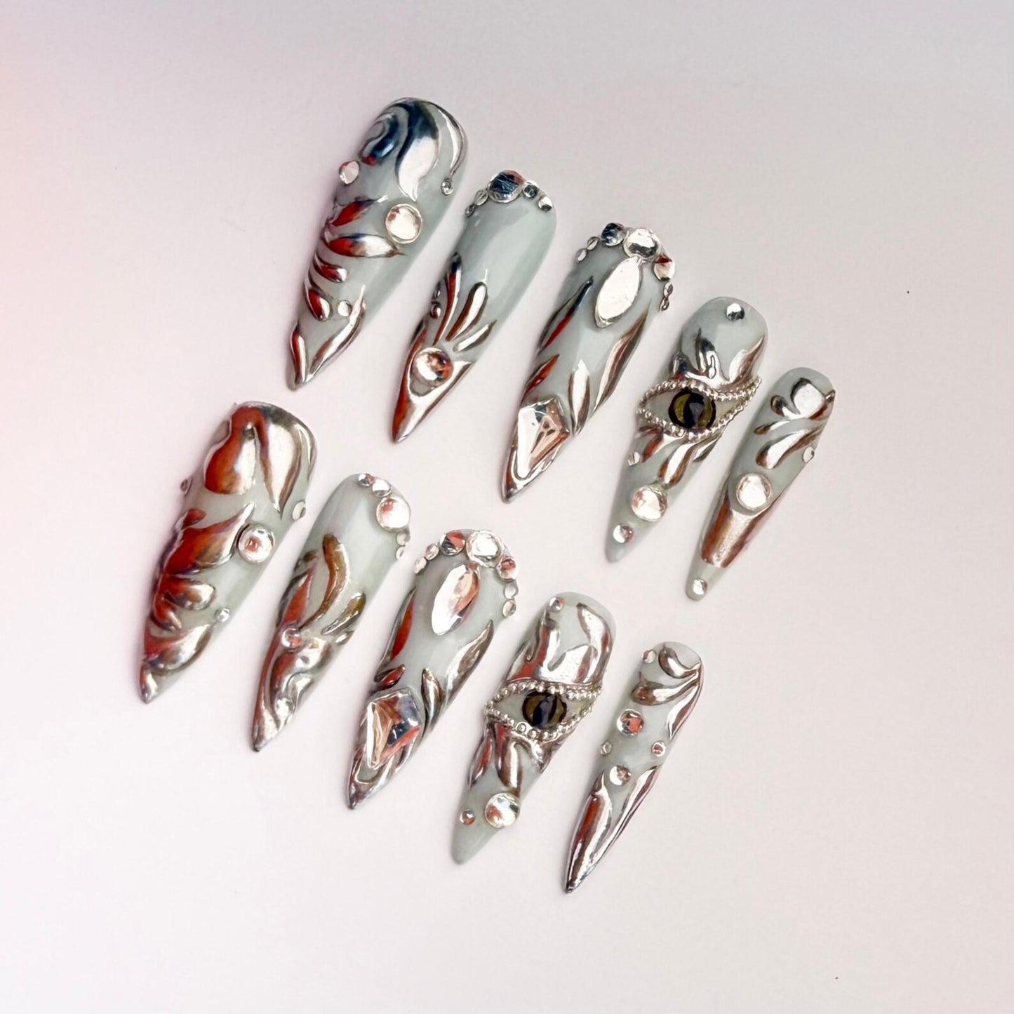 Silver Chrome Stiletto Press-On Nails – 3D Gray Snake Eye & Diamond Accents