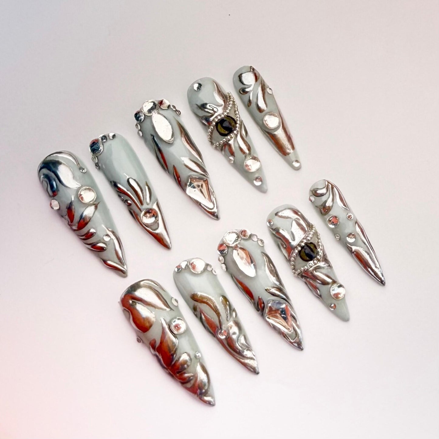 Silver Chrome Stiletto Press-On Nails – 3D Gray Snake Eye & Diamond Accents
