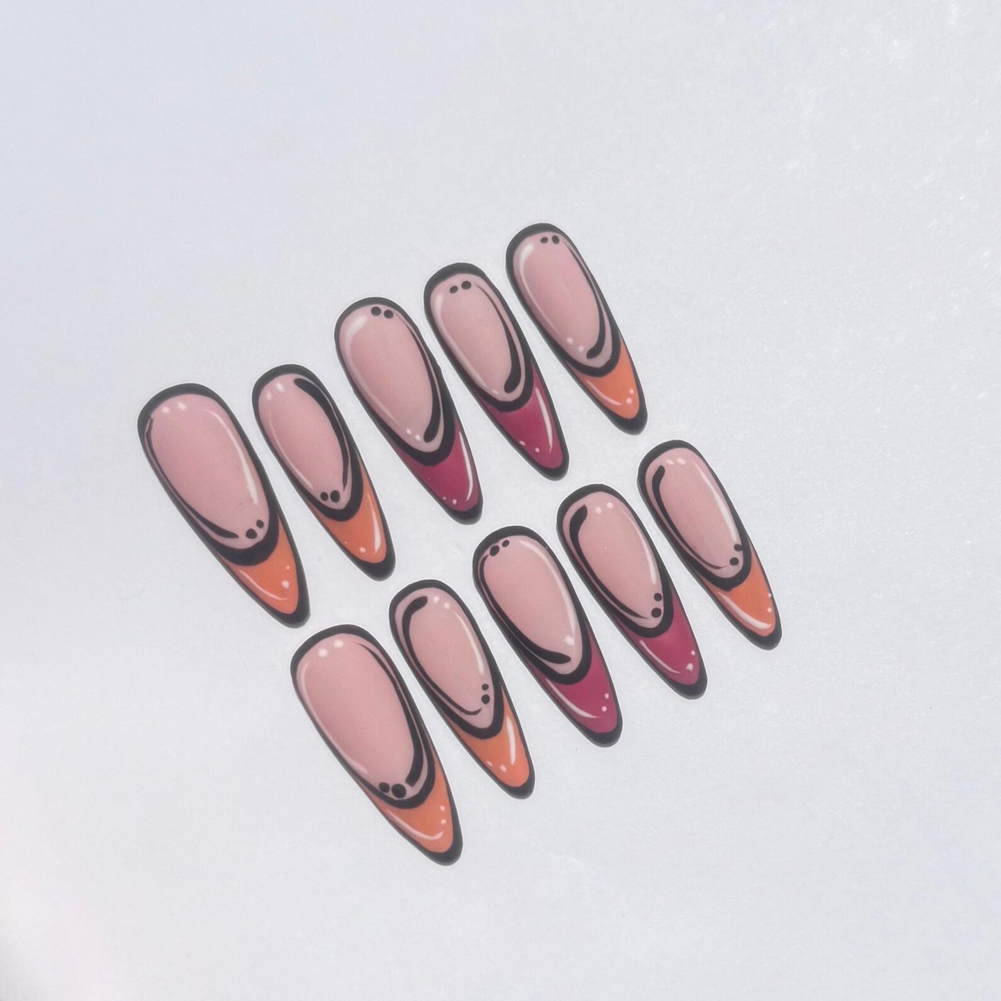 Pop Art Comic Stiletto Press-On Nails – Retro Orange Pink Black Detail Set