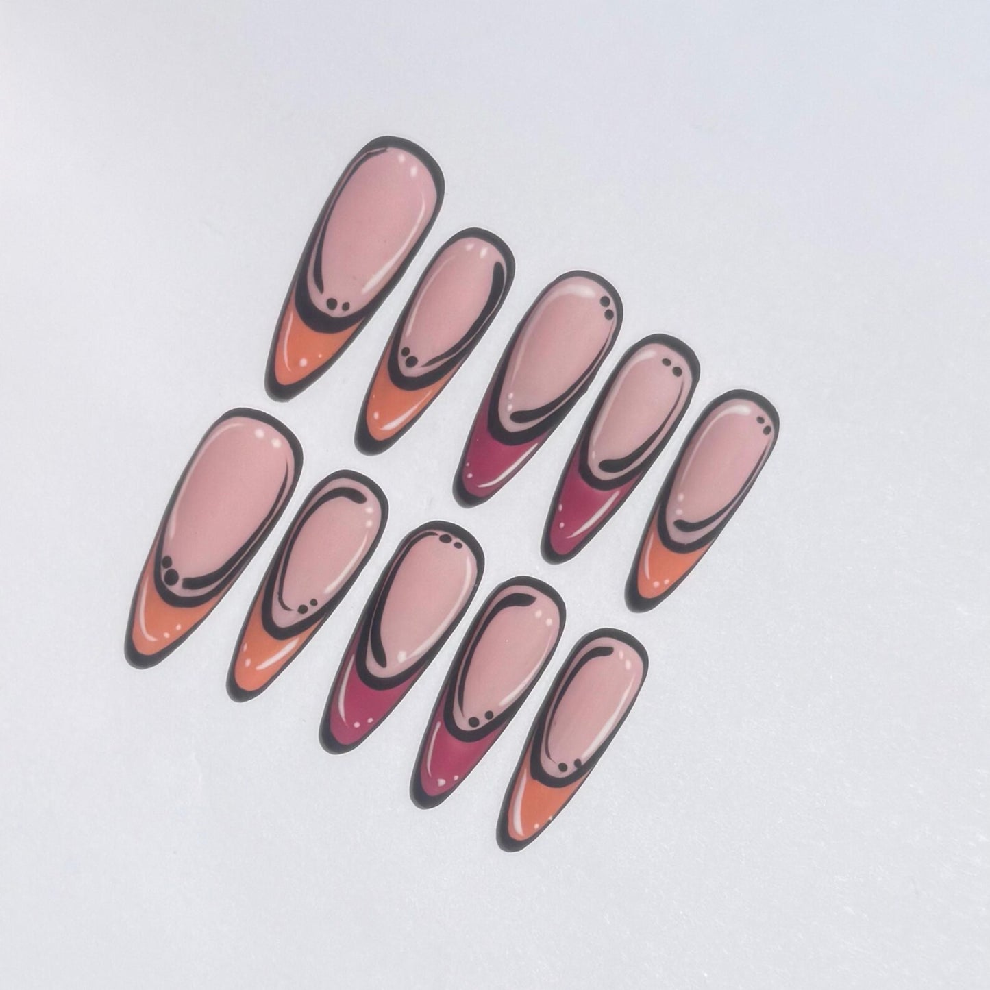 Pop Art Comic Stiletto Press-On Nails – Retro Orange Pink Black Detail Set