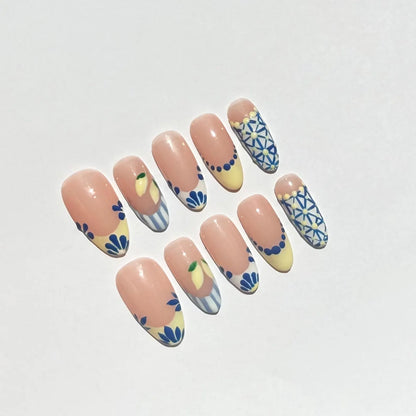 Blue & Yellow Lemon Press-On Nails – Mediterranean Floral French Tip Coffin Set