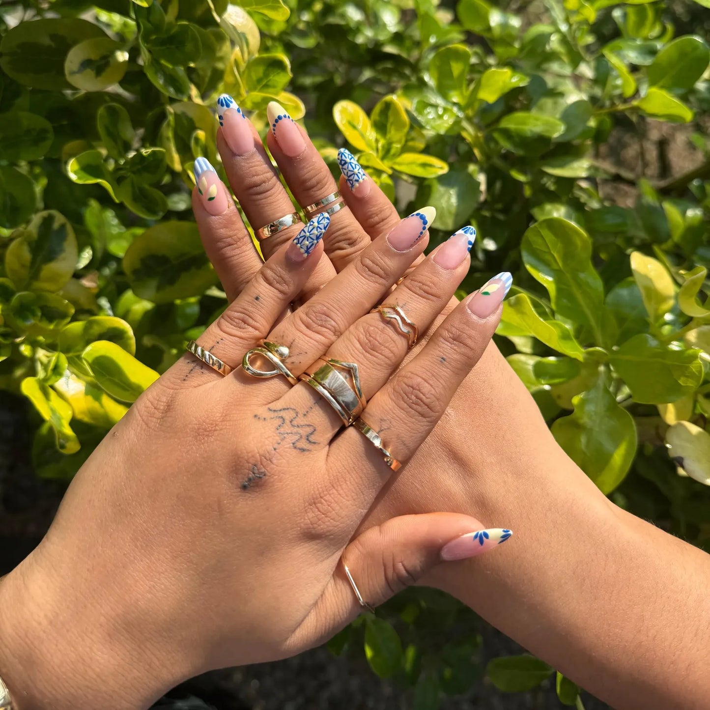 Blue & Yellow Lemon Press-On Nails – Mediterranean Floral French Tip Coffin Set