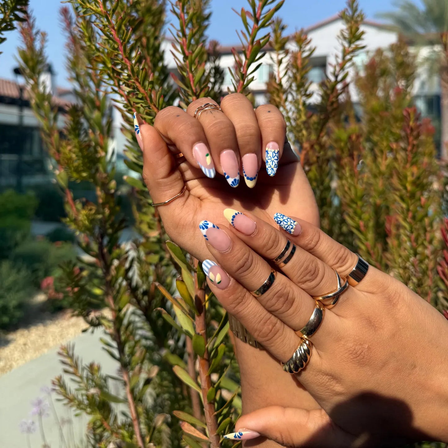 Blue & Yellow Lemon Press-On Nails – Mediterranean Floral French Tip Coffin Set