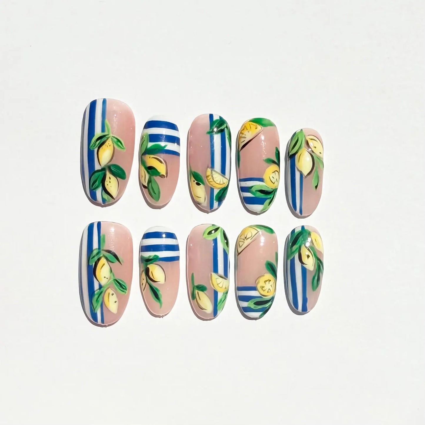 Lemon Lime Press-On Nails – Nude Base Blue Stripe Summer Set