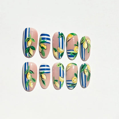 Lemon Lime Press-On Nails – Nude Base Blue Stripe Summer Set